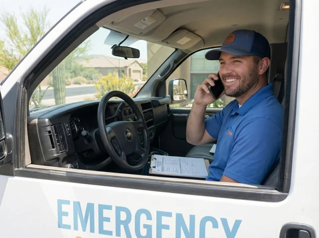 HVAC technician answering customer phone call